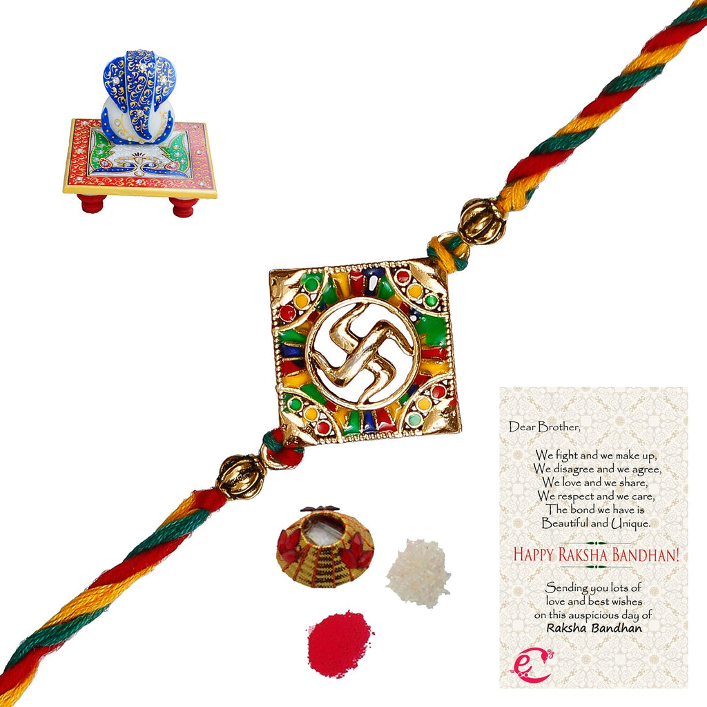 Designer Religious Swastik Rakhi with Lord Ganesha on Marble Chowki and Roli Tikka Matki, Best Wishes Greeting Card Kafalo