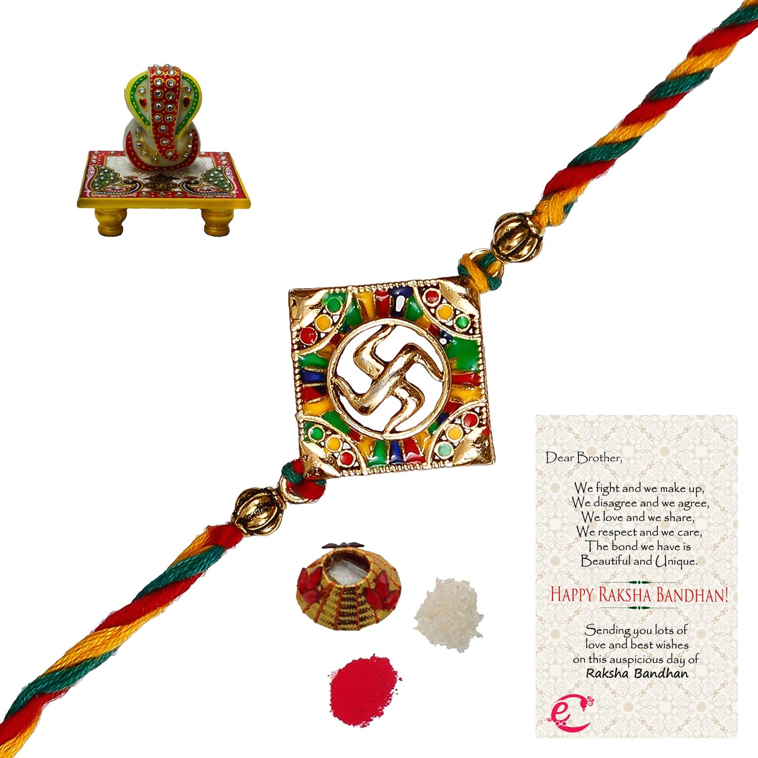 Designer Religious Swastik Rakhi with Lord Ganesha on Marble Chowki and Roli Tikka Matki, Best Wishes Greeting Card Kafalo