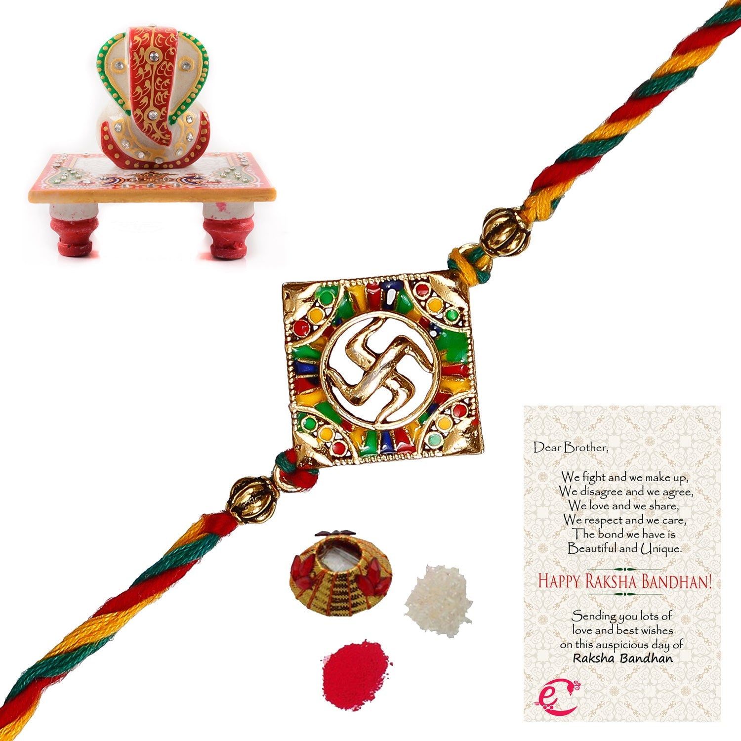 Designer Religious Swastik Rakhi with Lord Ganesha Marble Chowki and Roli Tikka Matki, Best Wishes Greeting Card Kafalo