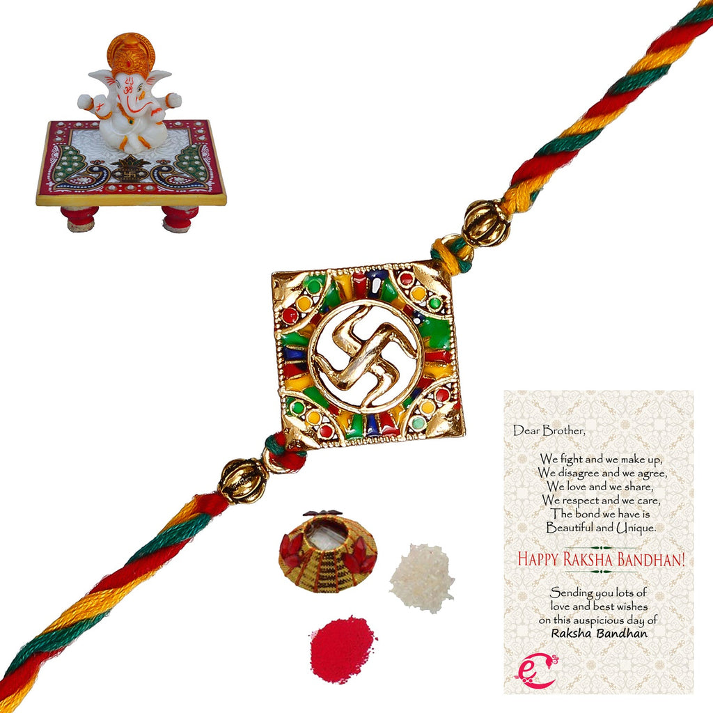 Designer Religious Swastik Rakhi with Lord Ganesha Marble Chowki and Roli Tikka Matki, Best Wishes Greeting Card Kafalo