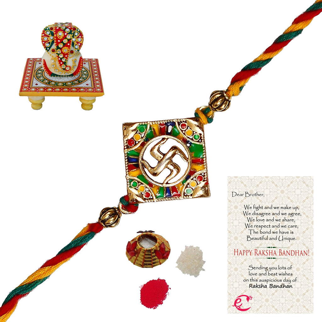 Designer Religious Swastik Rakhi with Lord Ganesha on Kundan Studded Marble Chowki and Roli Tikka Matki, Best Wishes Greeting Card Kafalo