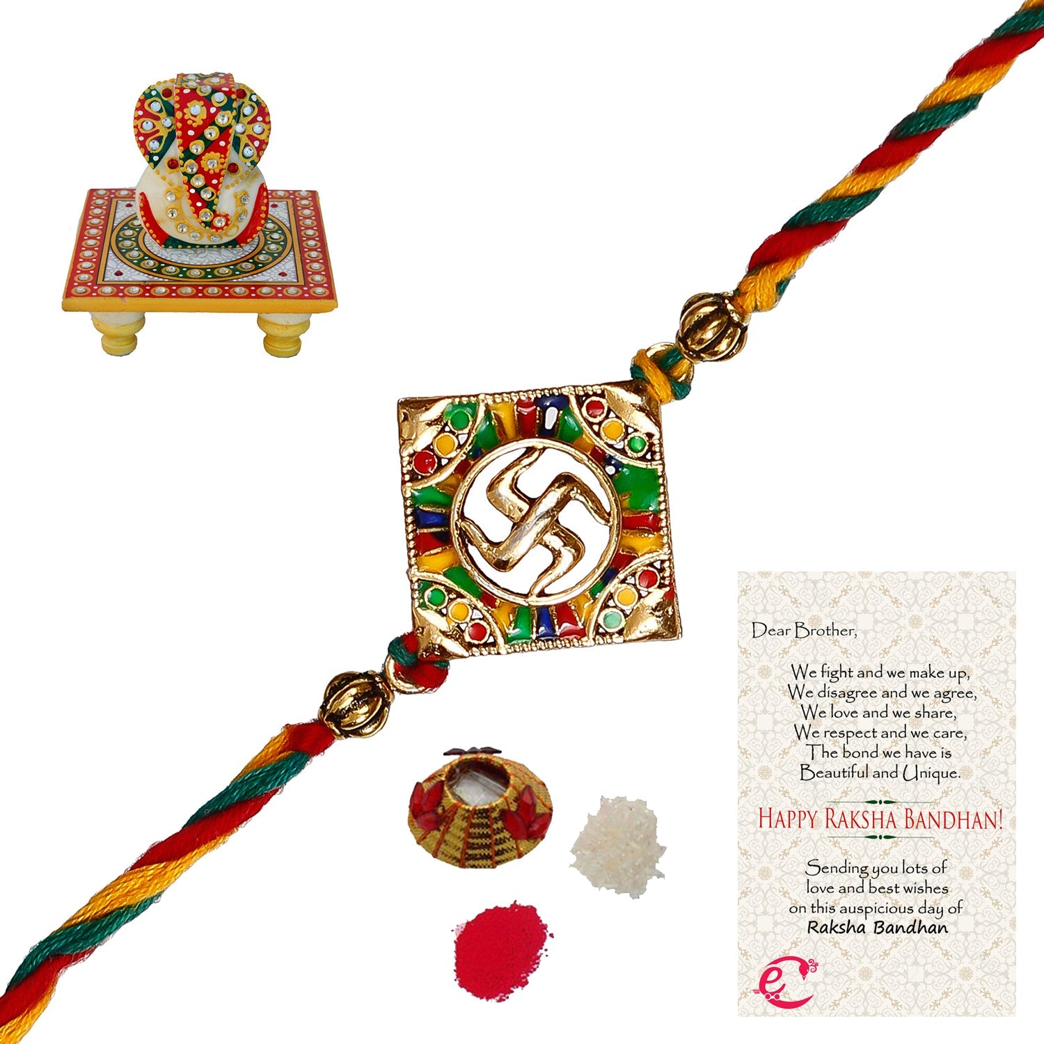 Designer Religious Swastik Rakhi with Lord Ganesha on Kundan Studded Marble Chowki and Roli Tikka Matki, Best Wishes Greeting Card Kafalo