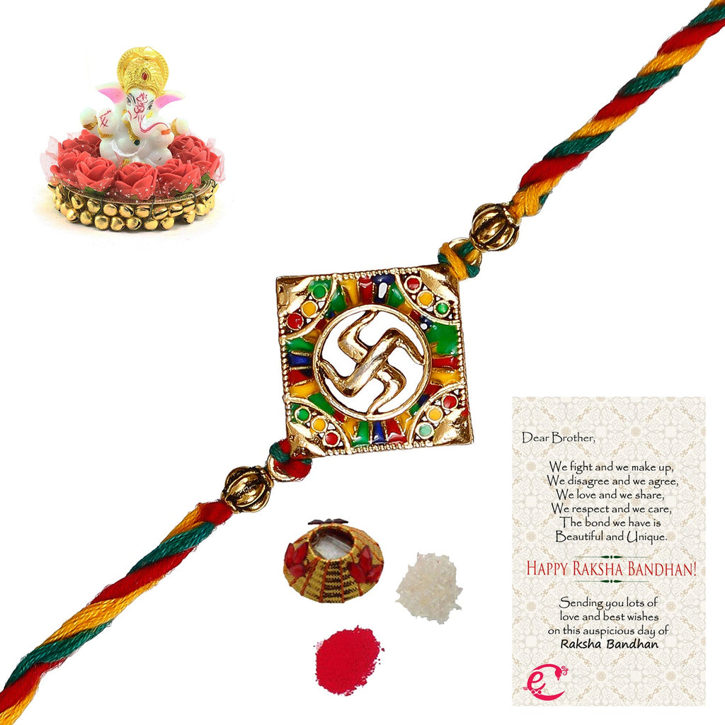 Designer Religious Swastik Rakhi with Lord Ganesha Idol on Decorative Plate for Car & Home and Roli Tikka Matki, Best Wishes Greeting Card Kafalo
