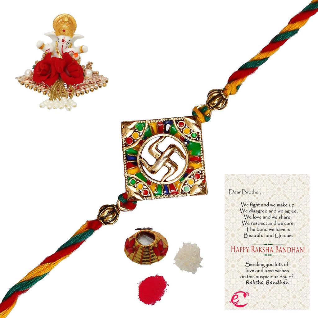Designer Religious Swastik Rakhi with Lord Ganesha Idol on Decorative Plate for Car & Home and Roli Tikka Matki, Best Wishes Greeting Card Kafalo