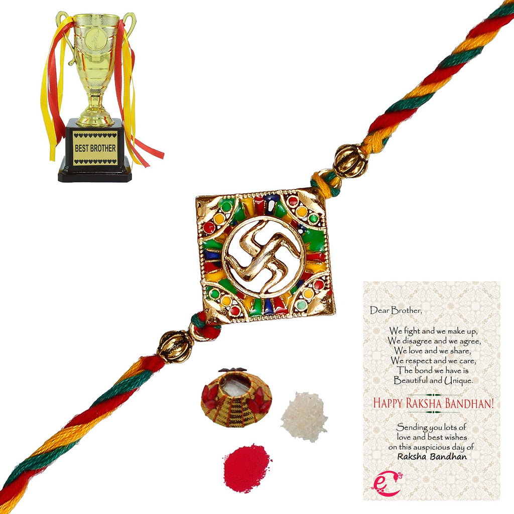 Designer Religious Swastik Rakhi with Best Brother Trophy and Roli Tikka Matki, Best Wishes Greeting Card Kafalo