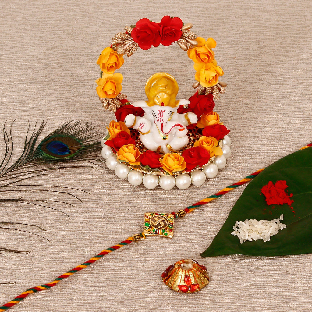 Designer Religious Swastik Rakhi with Lord Ganesha Idol on Decorative Plate for Car & Home and Roli Tikka Matki Kafalo
