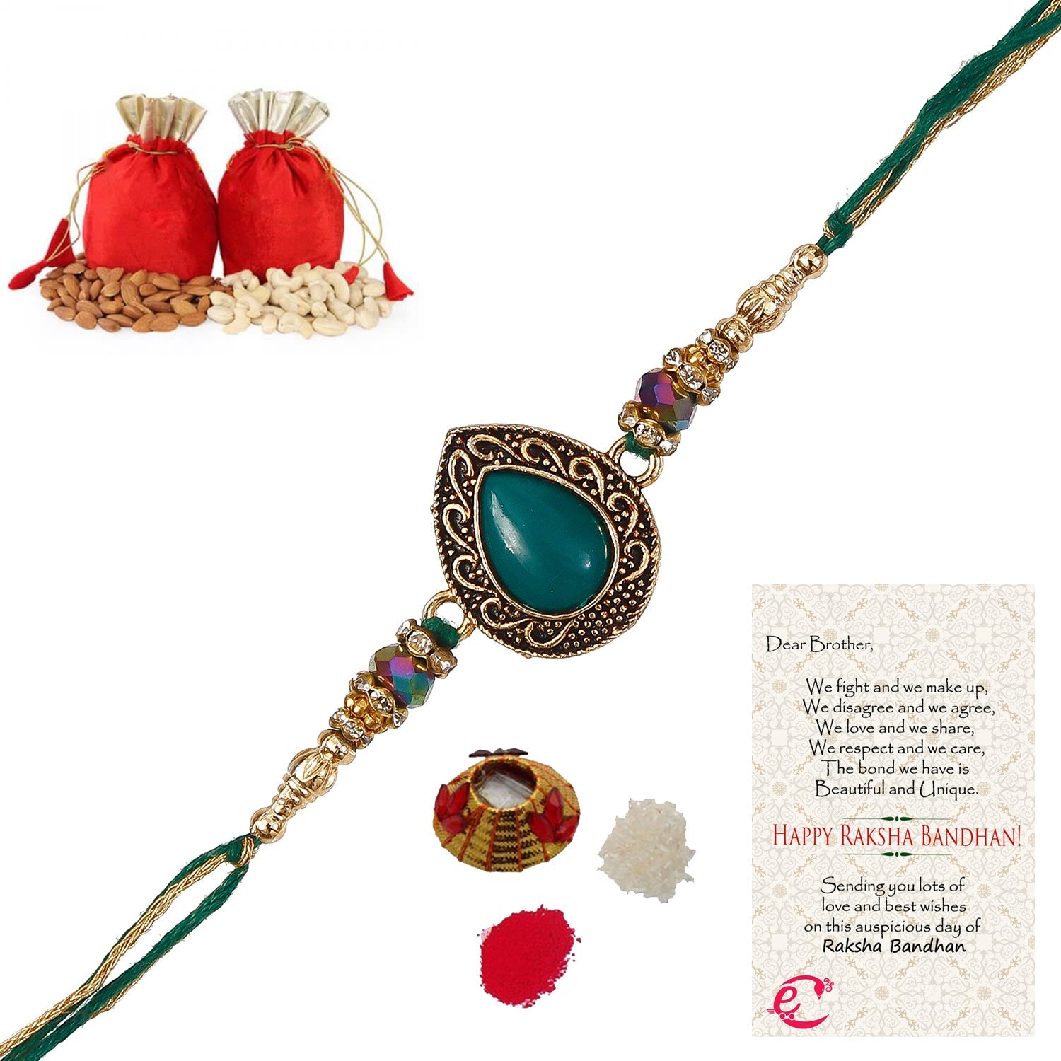Designer Stone Rakhi with Badam and Cashew (200 gm each, total 400 gm) and Roli Tikka Matki, Best Wishes Greeting Card Kafalo