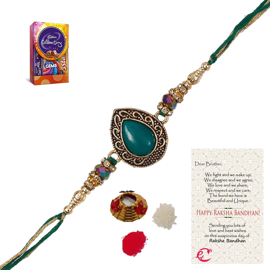 Designer Stone Rakhi with Cadbury Celebrations Gift Pack of 5 Assorted Chocolates and Roli Tikka Matki, Best Wishes Greeting Card Kafalo