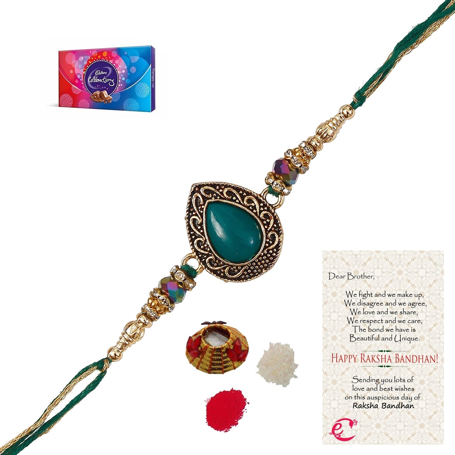 Designer Stone Rakhi with Cadbury Celebrations Gift Pack of 7 Assorted Chocolates and Roli Tikka Matki, Best Wishes Greeting Card Kafalo