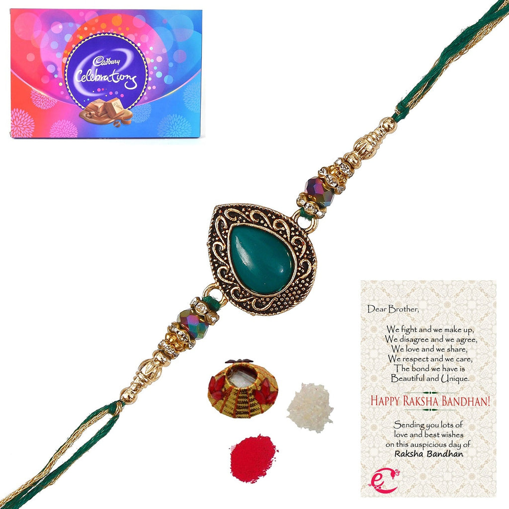 Designer Stone Rakhi with Cadbury Celebrations Gift Pack of 11 Assorted Chocolates and Roli Tikka Matki, Best Wishes Greeting Card Kafalo