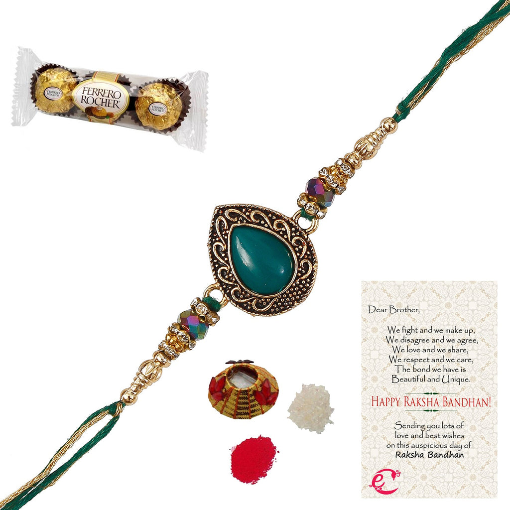 Designer Stone Rakhi with Ferrero Rocher (3 pcs) and Roli Tikka Matki, Best Wishes Greeting Card Kafalo