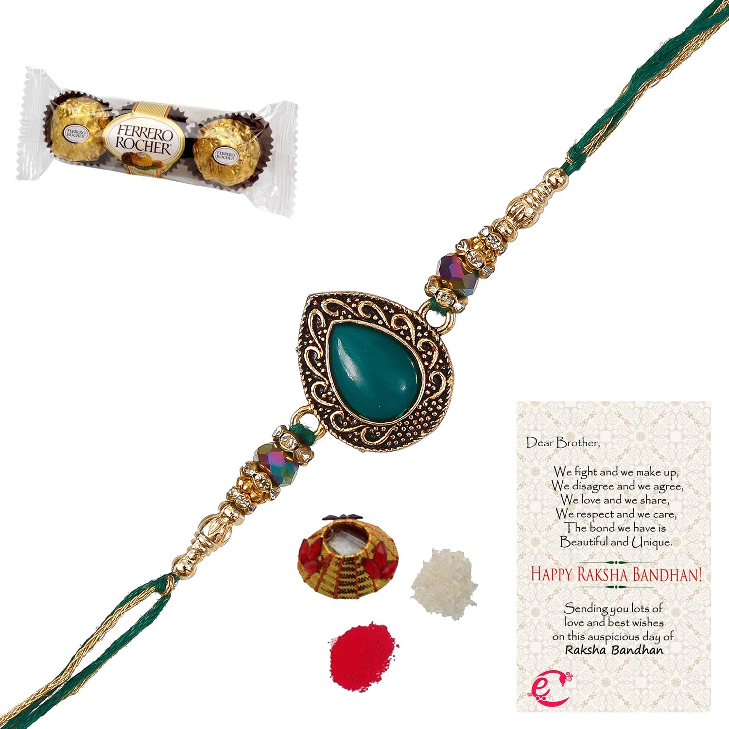 Designer Stone Rakhi with Ferrero Rocher (3 pcs) and Roli Tikka Matki, Best Wishes Greeting Card Kafalo