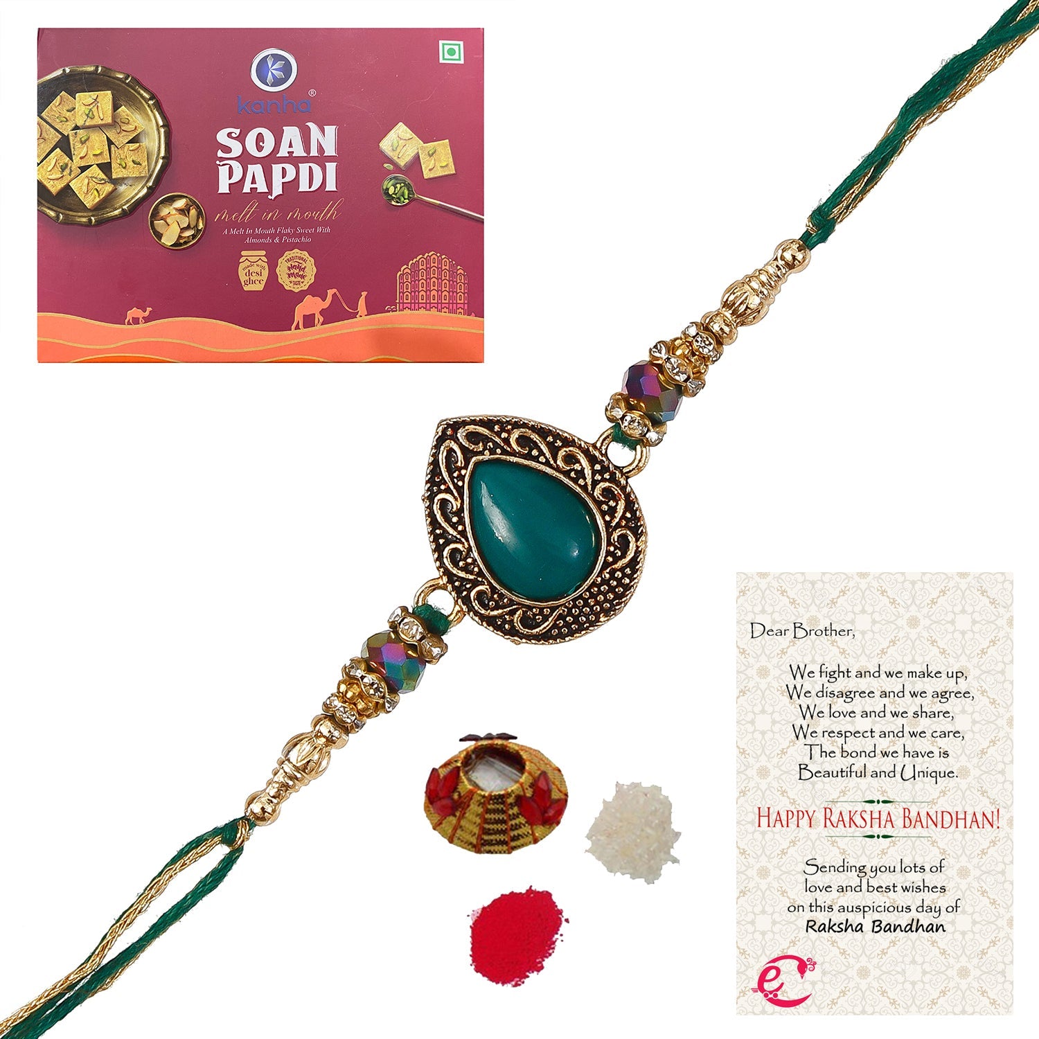 Designer Stone Rakhi with Soan Papdi (500 Gm) and Roli Tikka Matki, Best Wishes Greeting Card Kafalo