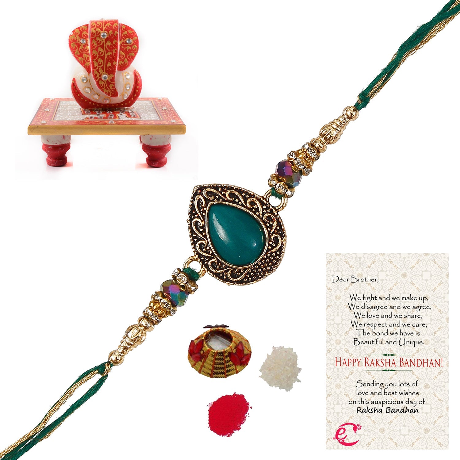 Designer Stone Rakhi with Ridhi Sidhi Marble chowki and Roli Tikka Matki, Best Wishes Greeting Card Kafalo