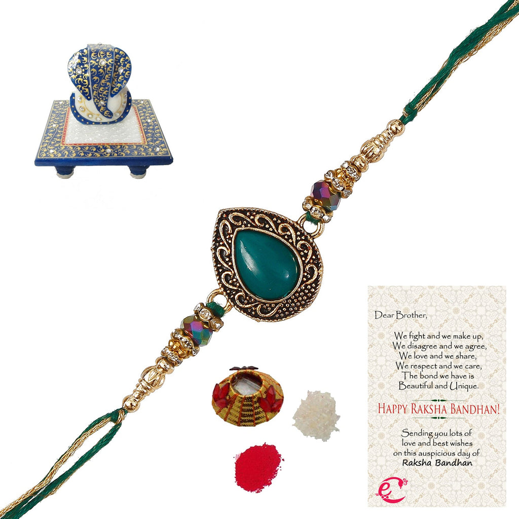 Designer Stone Rakhi with Lord Ganesha Marble Chowki and Roli Tikka Matki, Best Wishes Greeting Card Kafalo