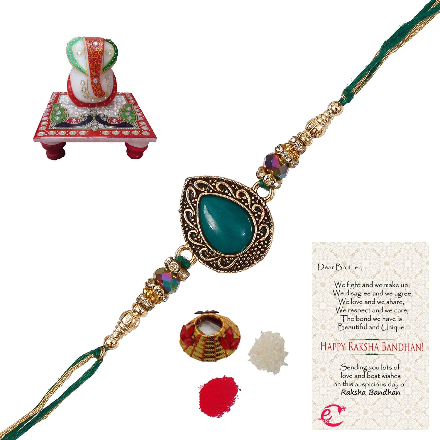 Designer Stone Rakhi with Lord Ganesha Marble Chowki and Roli Tikka Matki, Best Wishes Greeting Card Kafalo