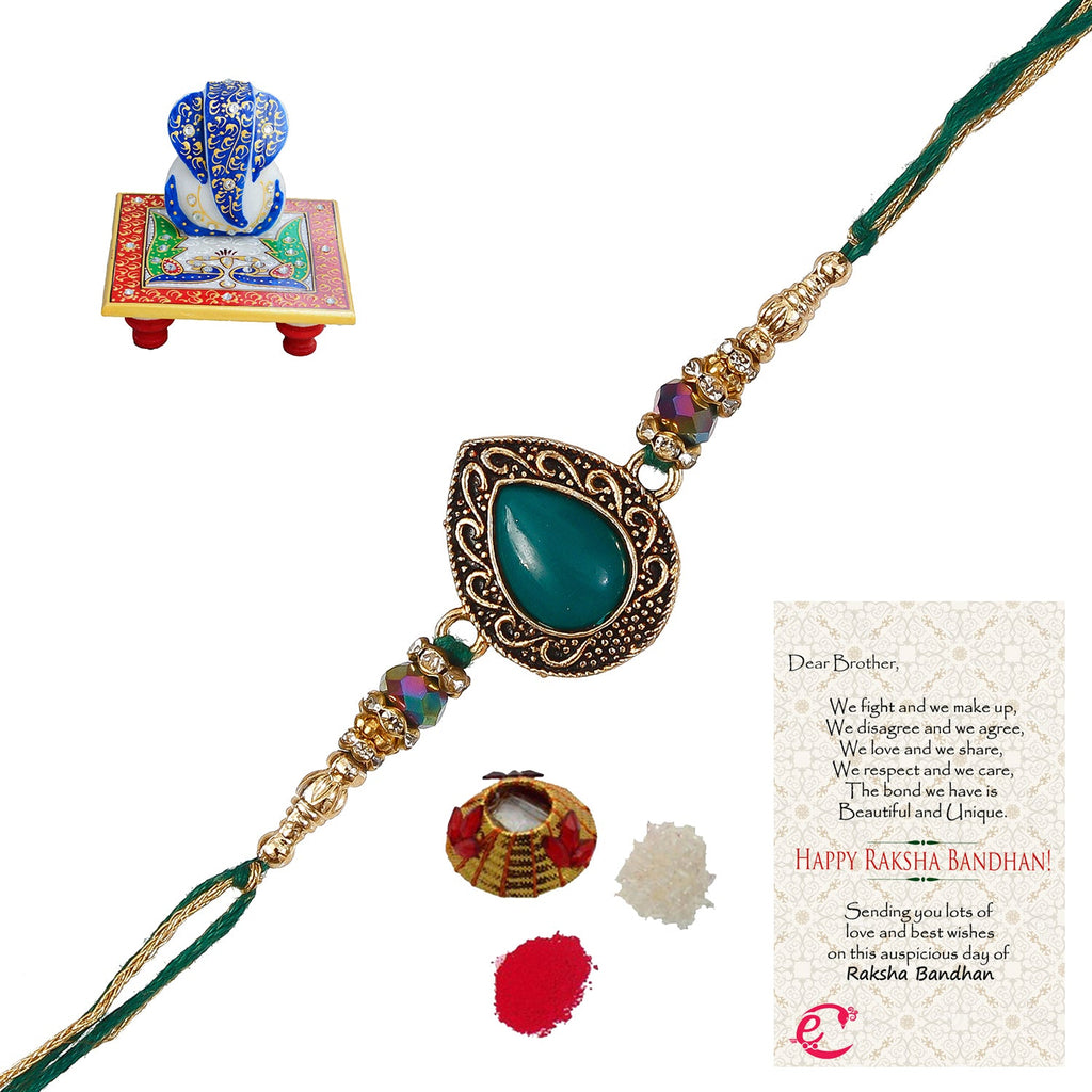 Designer Stone Rakhi with Lord Ganesha on Marble Chowki and Roli Tikka Matki, Best Wishes Greeting Card Kafalo