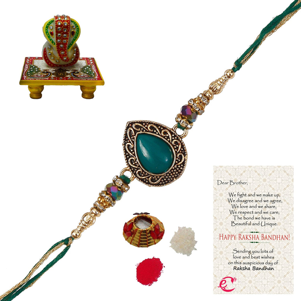 Designer Stone Rakhi with Lord Ganesha on Marble Chowki and Roli Tikka Matki, Best Wishes Greeting Card Kafalo