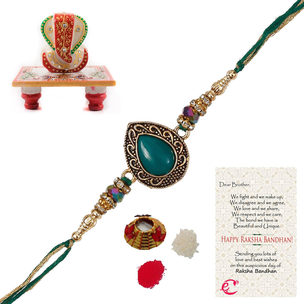 Designer Stone Rakhi with Lord Ganesha Marble Chowki and Roli Tikka Matki, Best Wishes Greeting Card Kafalo