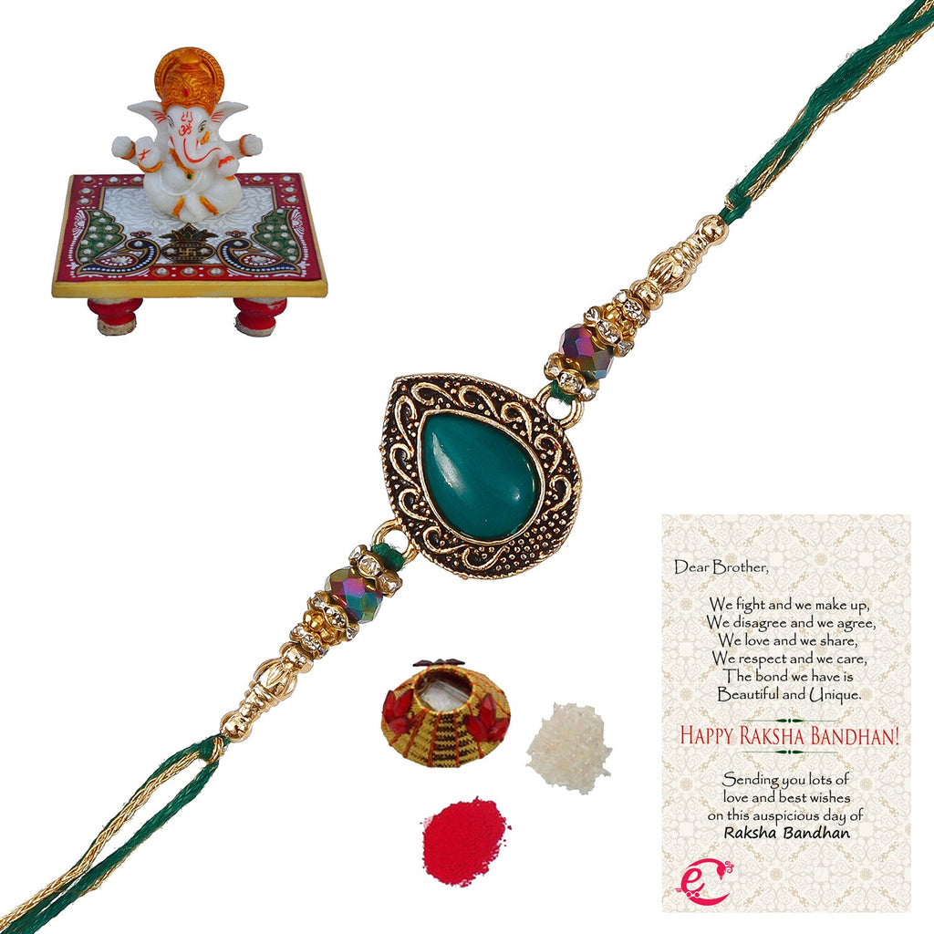 Designer Stone Rakhi with Lord Ganesha Marble Chowki and Roli Tikka Matki, Best Wishes Greeting Card Kafalo