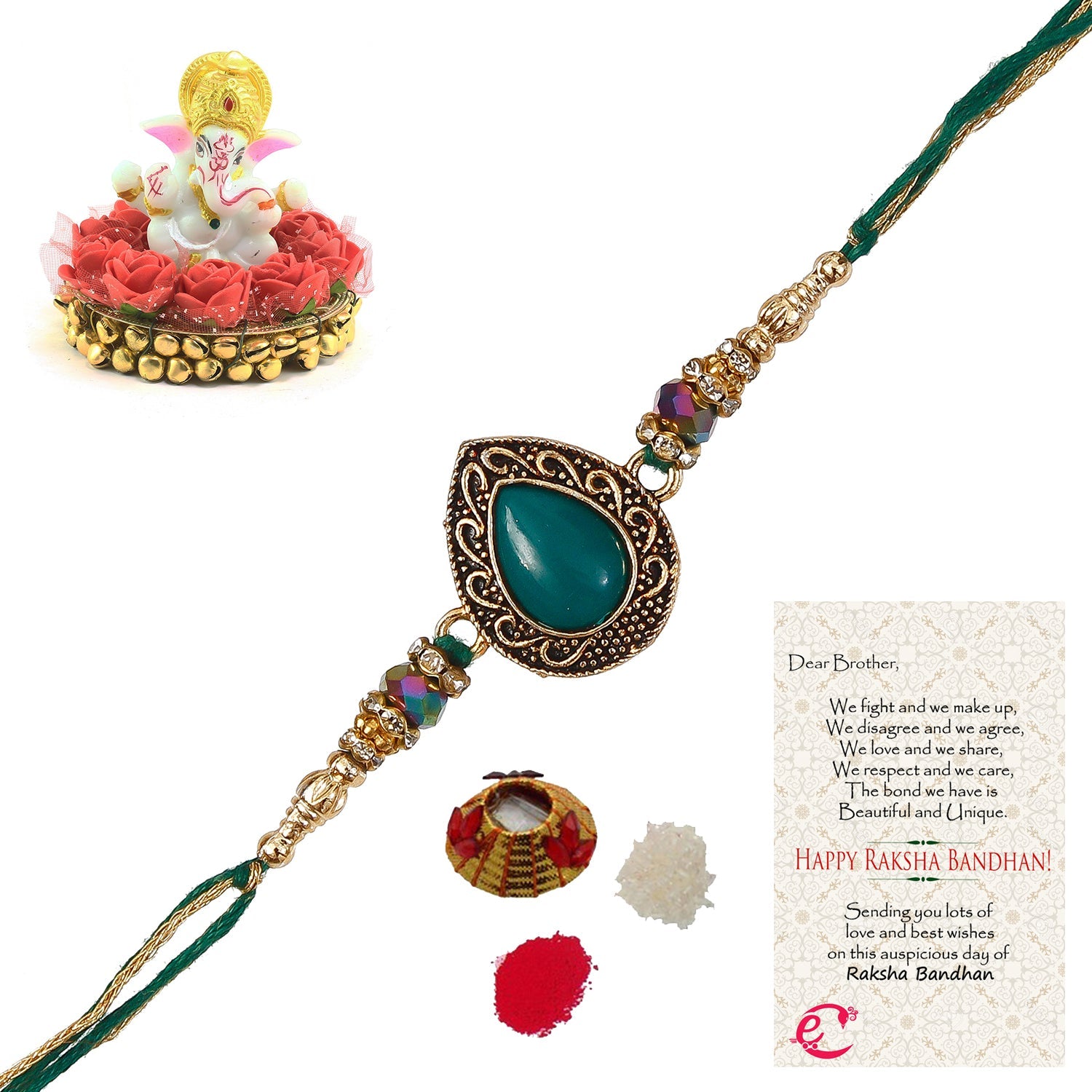 Designer Stone Rakhi with Lord Ganesha Idol on Decorative Plate for Car & Home and Roli Tikka Matki, Best Wishes Greeting Card Kafalo