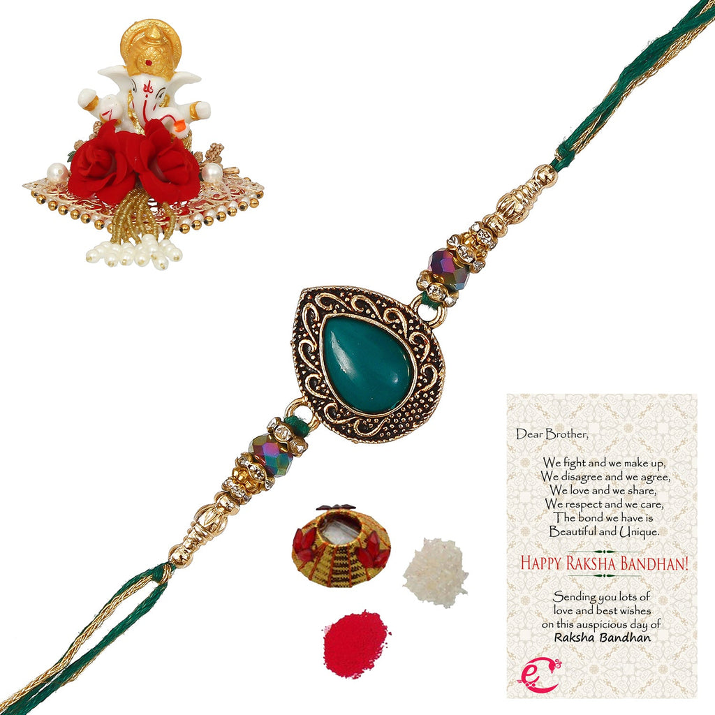 Designer Stone Rakhi with Lord Ganesha Idol on Decorative Plate for Car & Home and Roli Tikka Matki, Best Wishes Greeting Card Kafalo