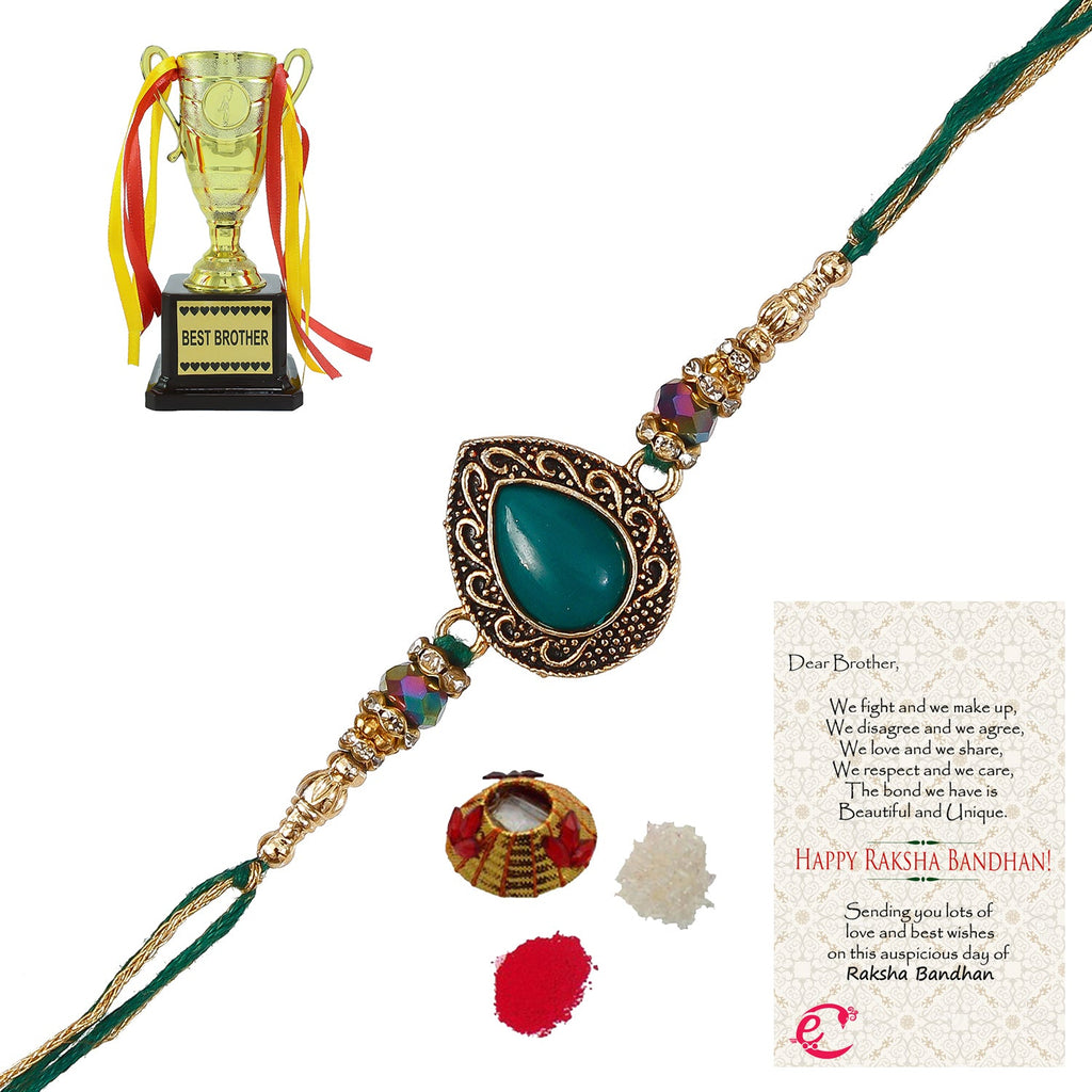 Designer Stone Rakhi with Best Brother Trophy and Roli Tikka Matki, Best Wishes Greeting Card Kafalo