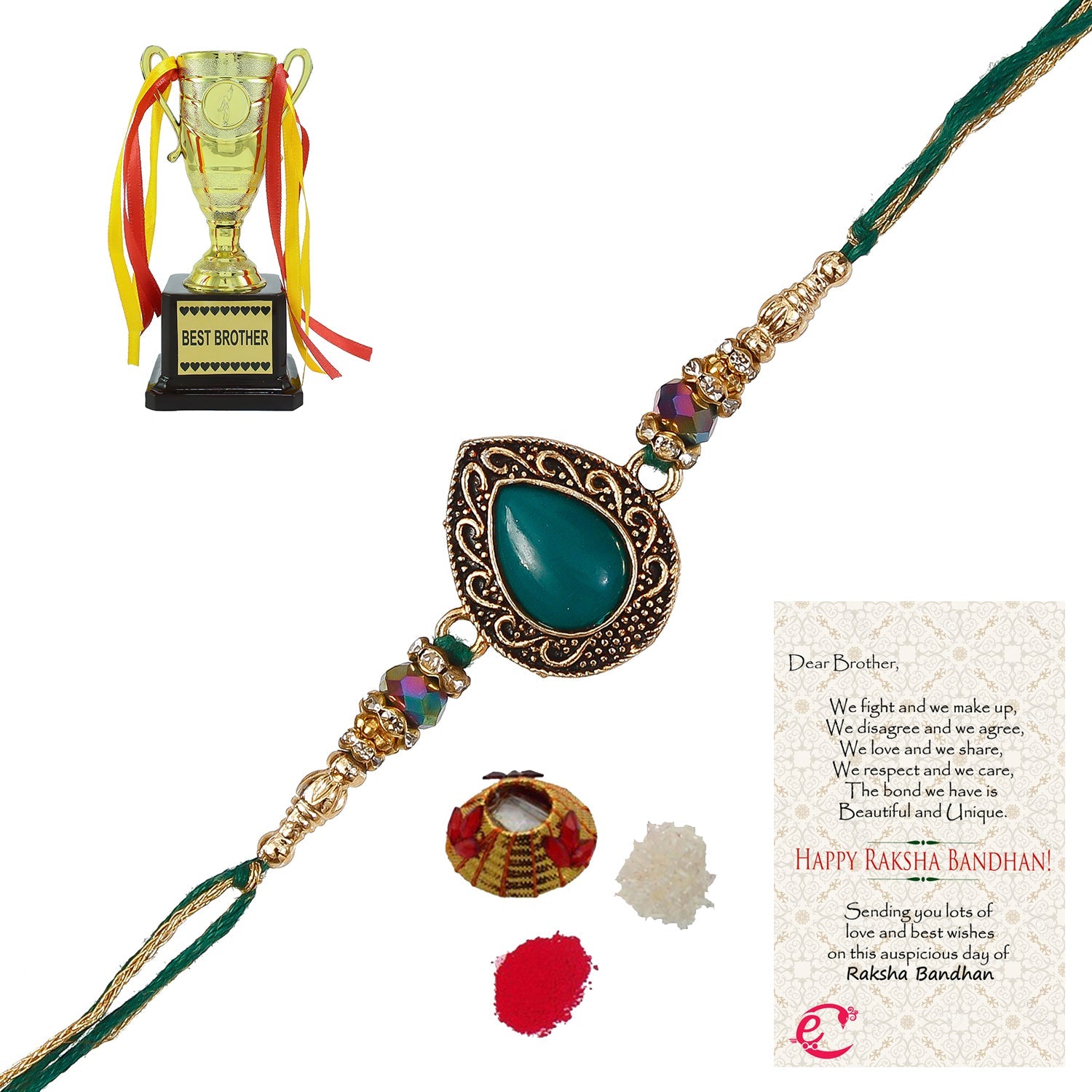 Designer Stone Rakhi with Best Brother Trophy and Roli Tikka Matki, Best Wishes Greeting Card Kafalo