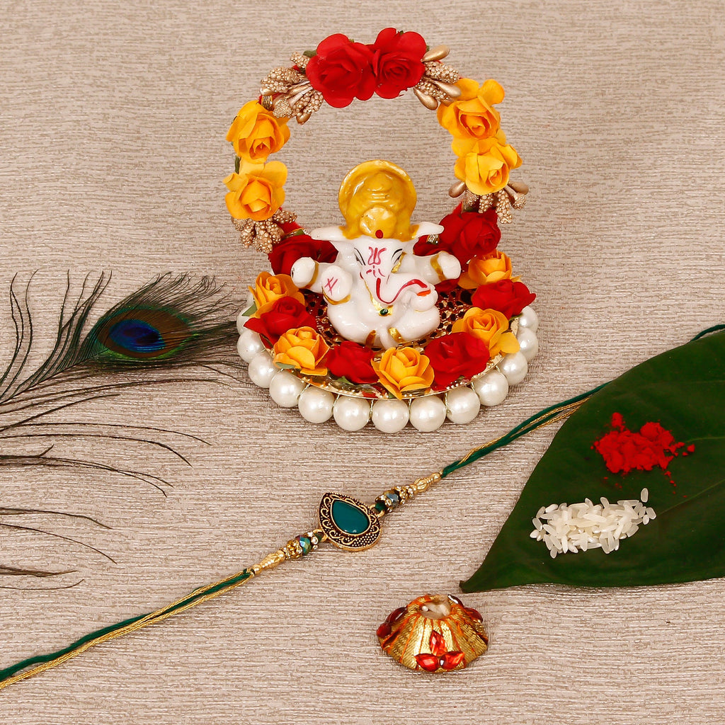 Designer Stone Rakhi with Lord Ganesha Idol on Decorative Plate for Car & Home and Roli Tikka Matki Kafalo