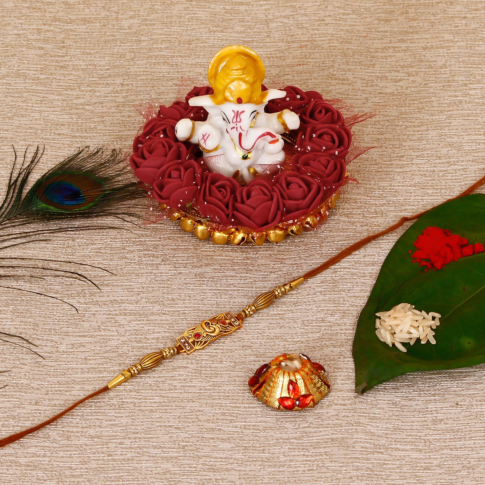 Designer Religious Rakhi with Lord Ganesha Idol on Decorative Plate for Car & Home and Roli Tikka Matki Kafalo