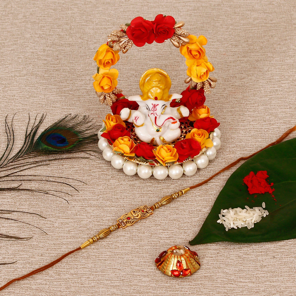 Designer Religious Rakhi with Lord Ganesha Idol on Decorative Plate for Car & Home and Roli Tikka Matki Kafalo