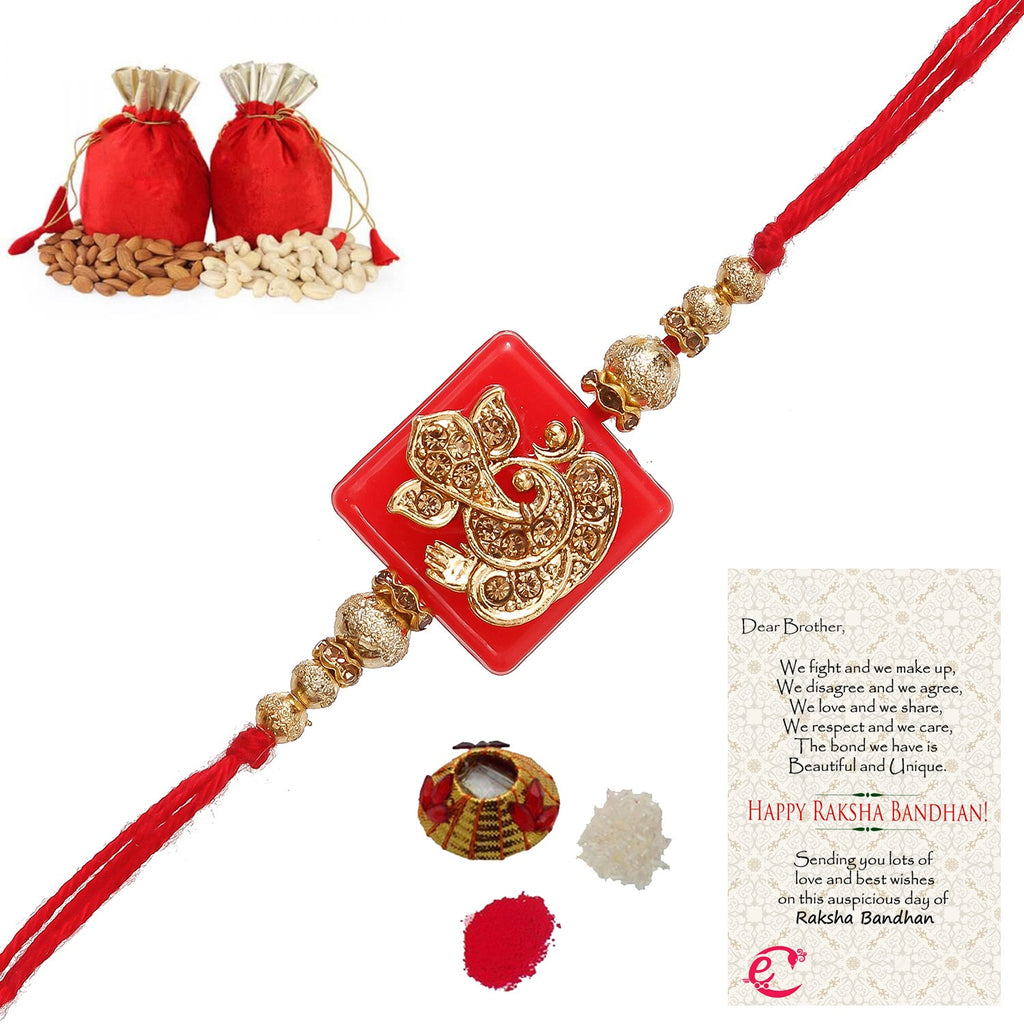Designer Religious Ganesha Rakhi with Badam and Cashew (200 gm each, total 400 gm) and Roli Tikka Matki, Best Wishes Greeting Card Kafalo