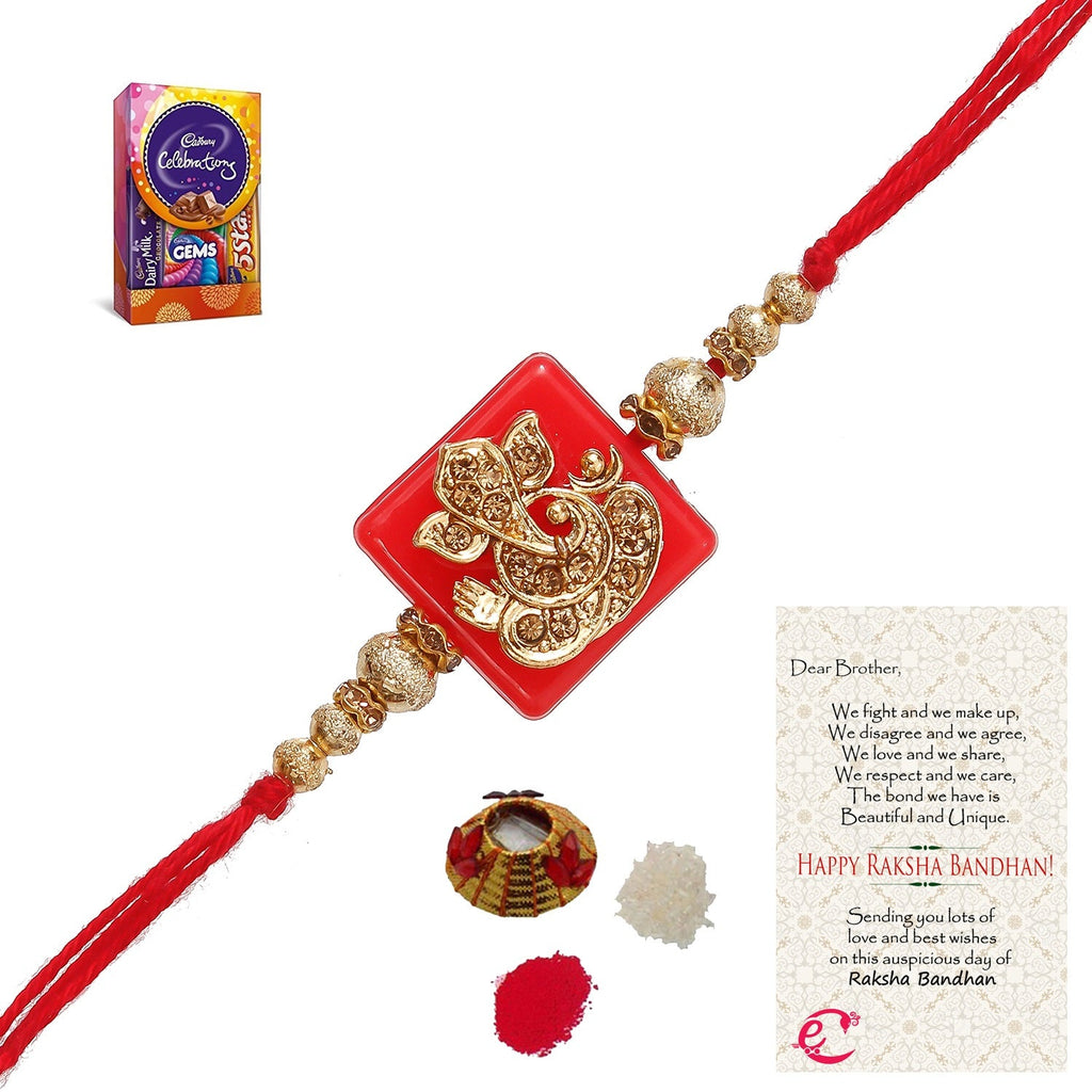 Designer Religious Ganesha Rakhi with Cadbury Celebrations Gift Pack of 5 Assorted Chocolates and Roli Tikka Matki, Best Wishes Greeting Card Kafalo