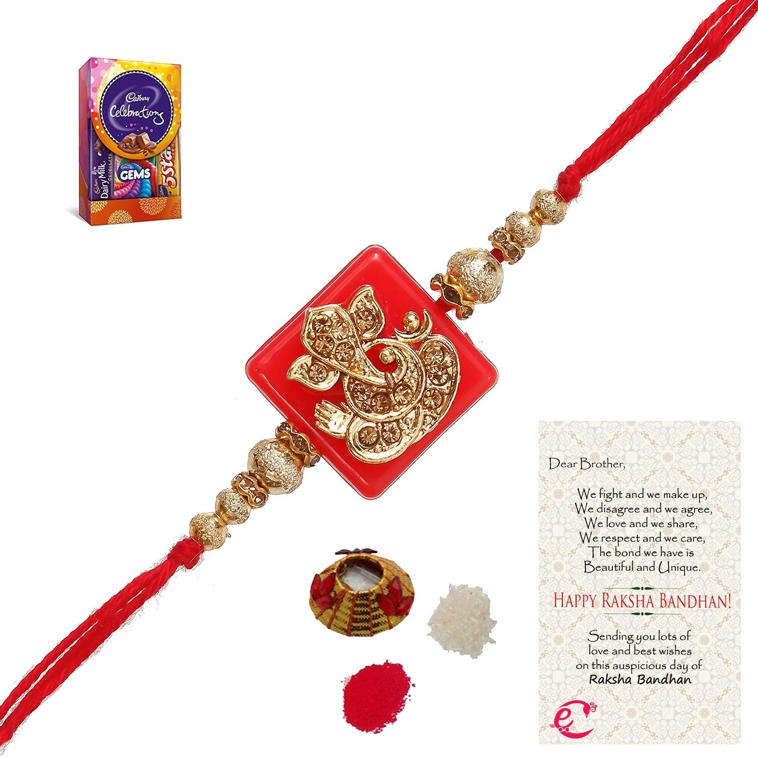 Designer Religious Ganesha Rakhi with Cadbury Celebrations Gift Pack of 5 Assorted Chocolates and Roli Tikka Matki, Best Wishes Greeting Card Kafalo