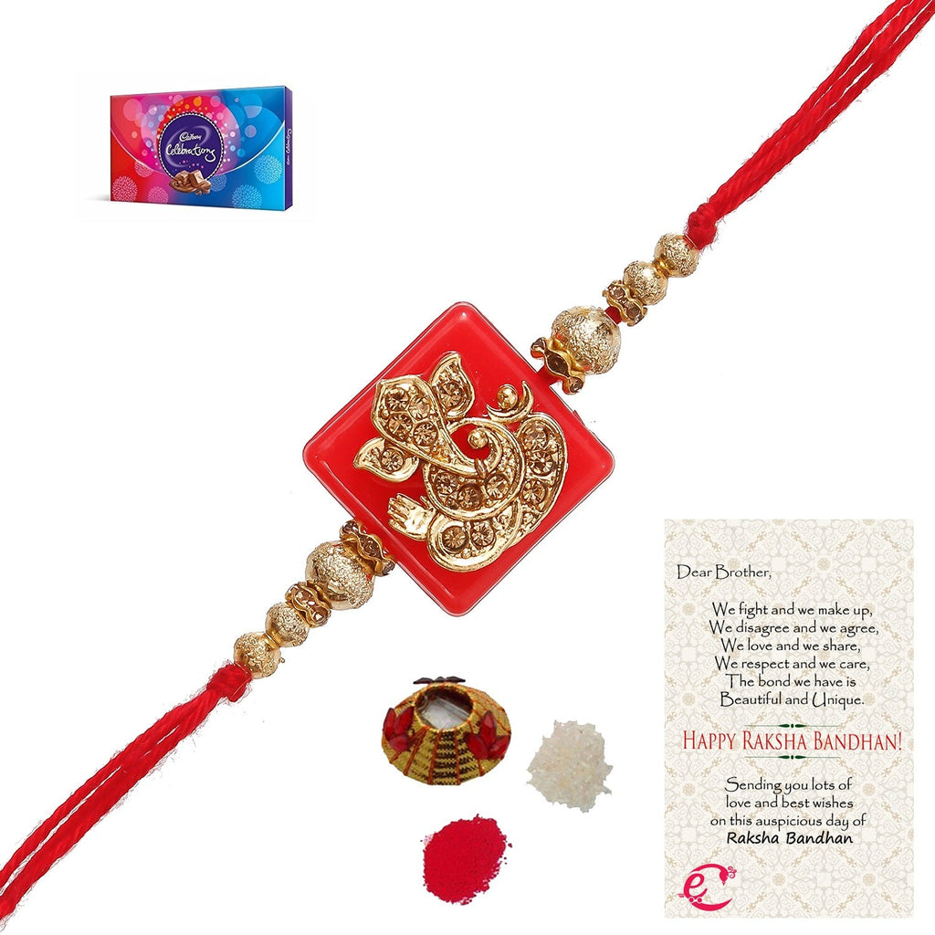 Designer Religious Ganesha Rakhi with Cadbury Celebrations Gift Pack of 7 Assorted Chocolates and Roli Tikka Matki, Best Wishes Greeting Card Kafalo