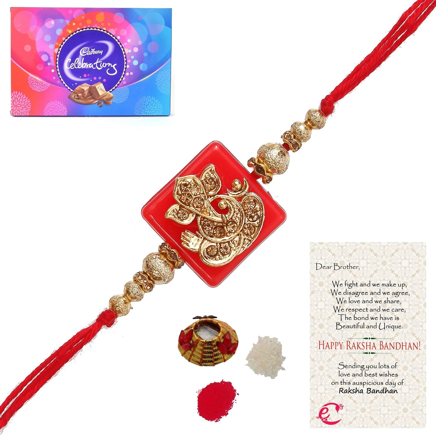 Designer Religious Ganesha Rakhi with Cadbury Celebrations Gift Pack of 11 Assorted Chocolates and Roli Tikka Matki, Best Wishes Greeting Card Kafalo