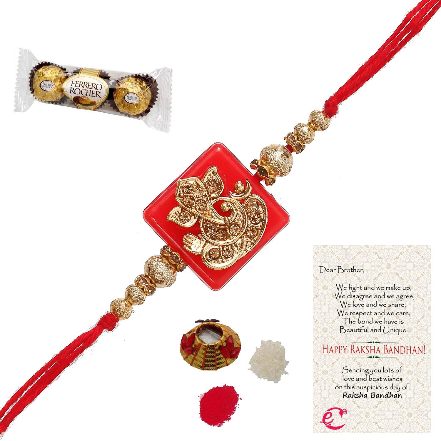Designer Religious Ganesha Rakhi with Ferrero Rocher (3 pcs) and Roli Tikka Matki, Best Wishes Greeting Card Kafalo