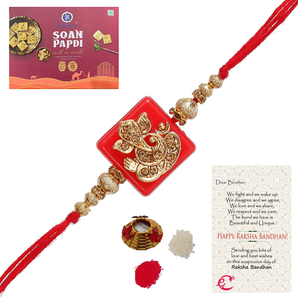 Designer Religious Ganesha Rakhi with Soan Papdi (500 Gm) and Roli Tikka Matki, Best Wishes Greeting Card Kafalo