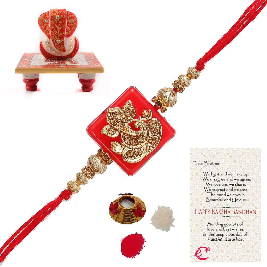 Designer Religious Ganesha Rakhi with Ridhi Sidhi Marble chowki and Roli Tikka Matki, Best Wishes Greeting Card Kafalo