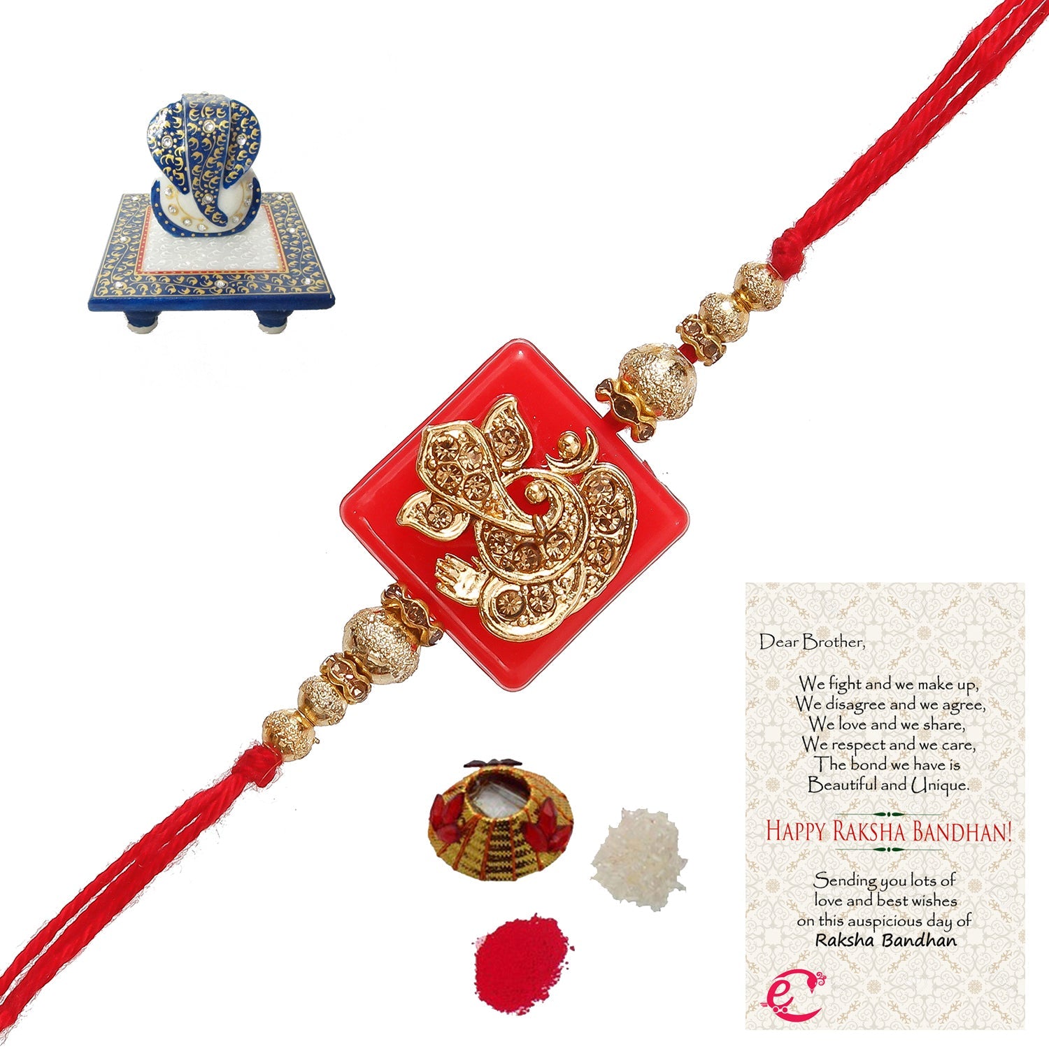 Designer Religious Ganesha Rakhi with Lord Ganesha Marble Chowki and Roli Tikka Matki, Best Wishes Greeting Card Kafalo