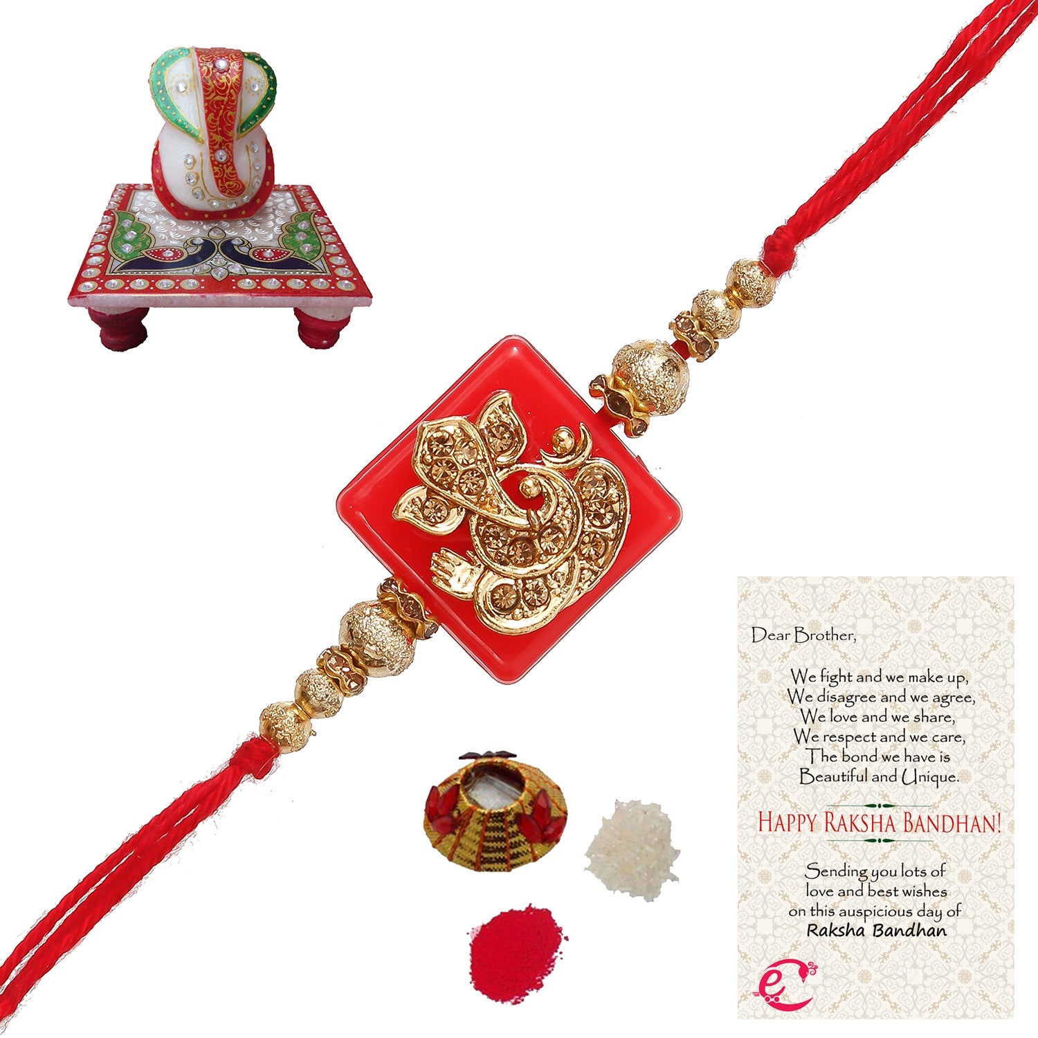 Designer Religious Ganesha Rakhi with Lord Ganesha Marble Chowki and Roli Tikka Matki, Best Wishes Greeting Card Kafalo