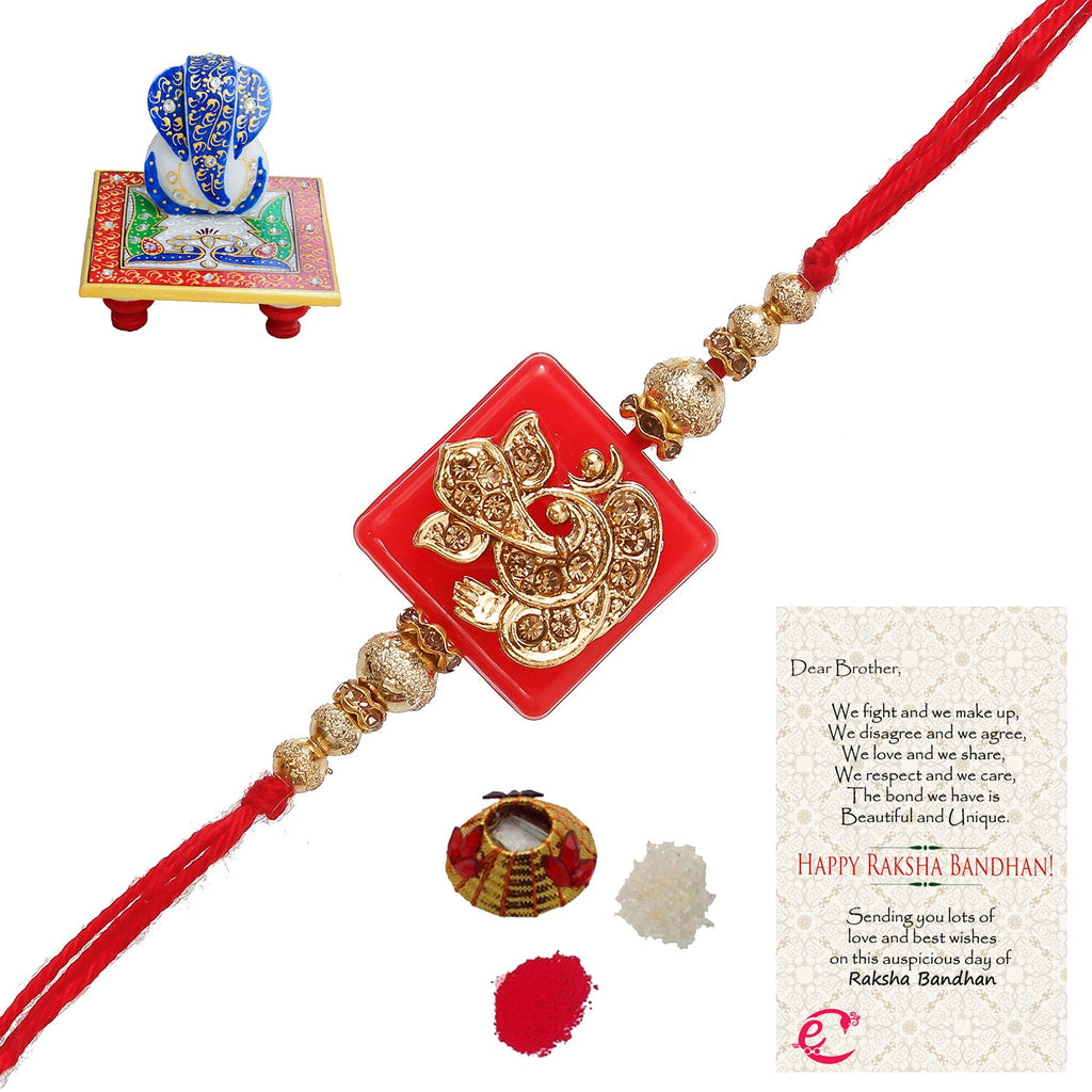 Designer Religious Ganesha Rakhi with Lord Ganesha on Marble Chowki and Roli Tikka Matki, Best Wishes Greeting Card Kafalo