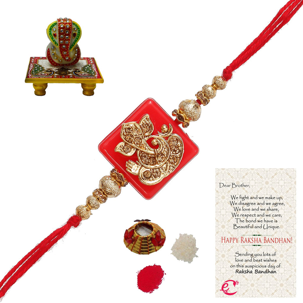 Designer Religious Ganesha Rakhi with Lord Ganesha on Marble Chowki and Roli Tikka Matki, Best Wishes Greeting Card Kafalo