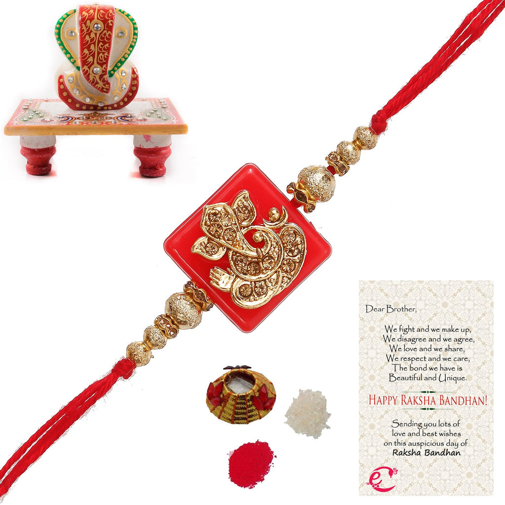 Designer Religious Ganesha Rakhi with Lord Ganesha Marble Chowki and Roli Tikka Matki, Best Wishes Greeting Card Kafalo