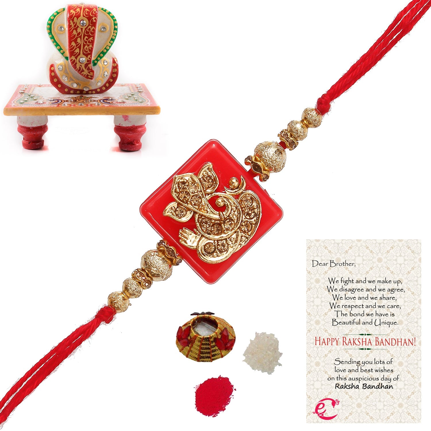 Designer Religious Ganesha Rakhi with Lord Ganesha Marble Chowki and Roli Tikka Matki, Best Wishes Greeting Card Kafalo