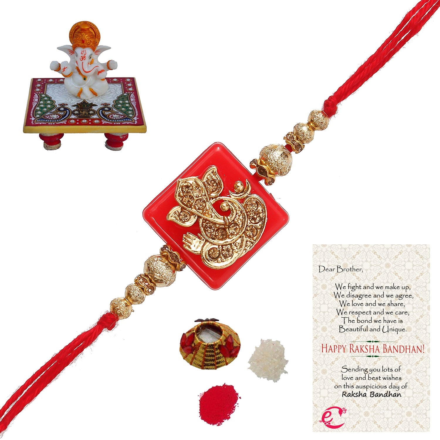 Designer Religious Ganesha Rakhi with Lord Ganesha Marble Chowki and Roli Tikka Matki, Best Wishes Greeting Card Kafalo