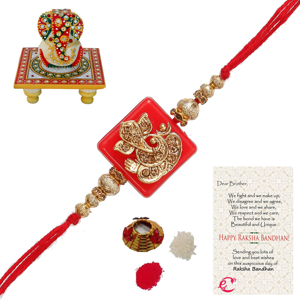 Designer Religious Ganesha Rakhi with Lord Ganesha on Kundan Studded Marble Chowki and Roli Tikka Matki, Best Wishes Greeting Card Kafalo