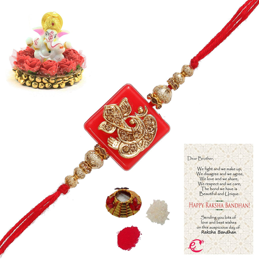 Designer Religious Ganesha Rakhi with Lord Ganesha Idol on Decorative Plate for Car & Home and Roli Tikka Matki, Best Wishes Greeting Card Kafalo