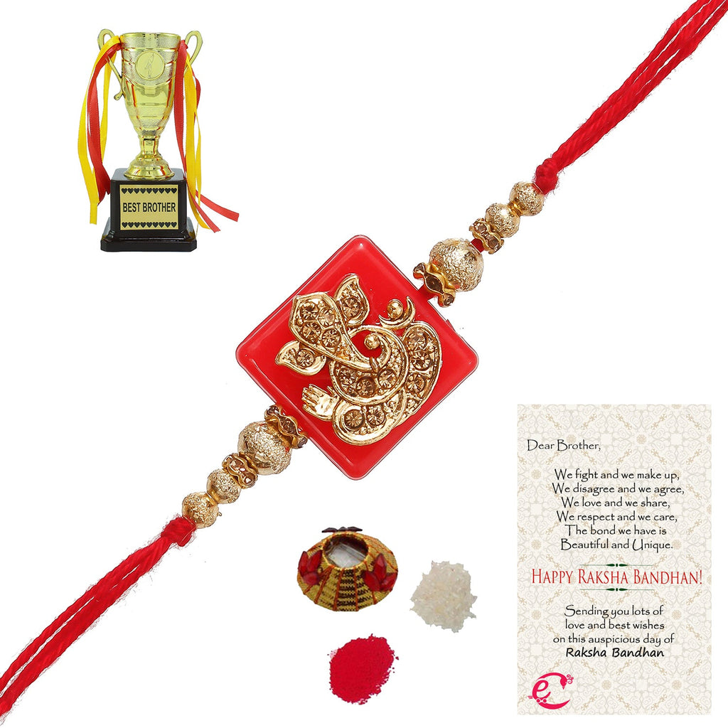 Designer Religious Ganesha Rakhi with Best Brother Trophy and Roli Tikka Matki, Best Wishes Greeting Card Kafalo