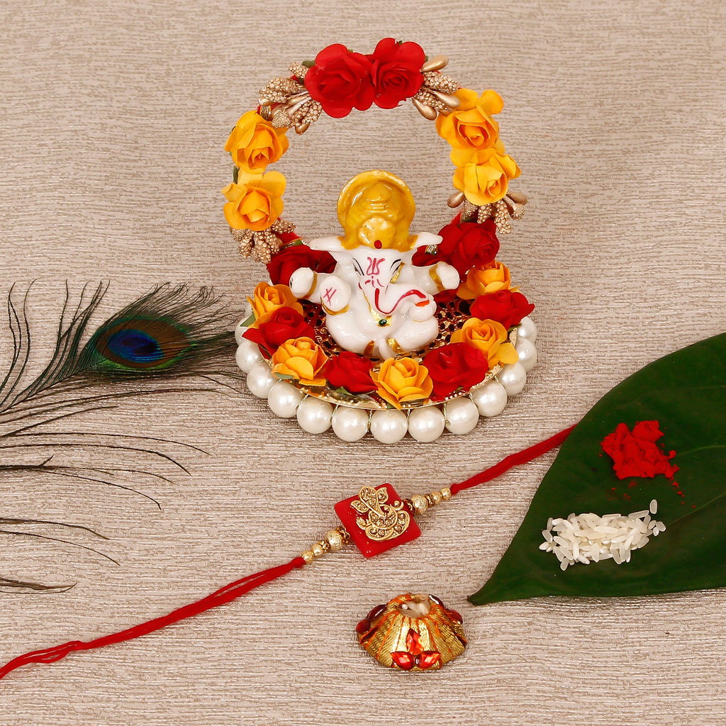 Designer Religious Ganesha Rakhi with Lord Ganesha Idol on Decorative Plate for Car & Home and Roli Tikka Matki Kafalo